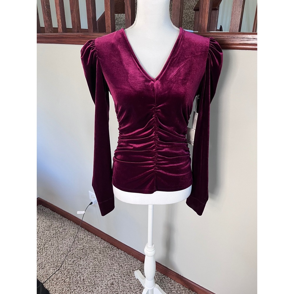 CeCe Majestic Wine Velvet Ruched V-Neck Puff Shoulder Top 7064333